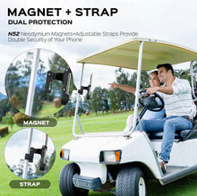 Load image into Gallery viewer, Magnetic Golf Cart Phone Holder Mount, Strong Magnet Cell Phone Holder for Golf Cart with Strap Mount,Ultra Strength Magnet Cell Phone Caddy fits iPhones, Samsung, Google, Huawei, LG
