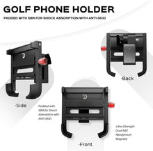 Load image into Gallery viewer, Magnetic Golf Cart Phone Holder Mount, Strong Magnet Cell Phone Holder for Golf Cart with Strap Mount,Ultra Strength Magnet Cell Phone Caddy fits iPhones, Samsung, Google, Huawei, LG
